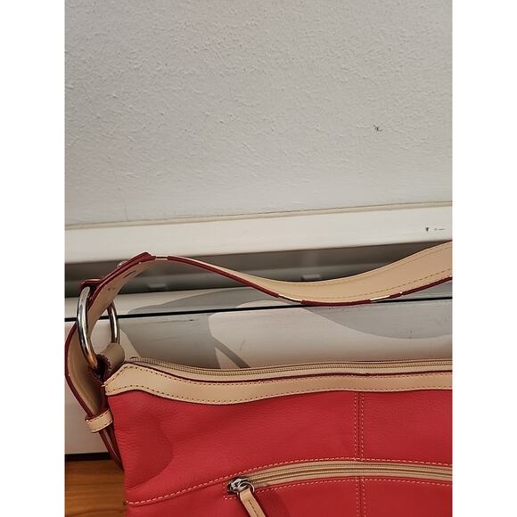 Tignanello Salmon Pink with Tan Trim Leather Shoulder Bag - Picture 4 of 11